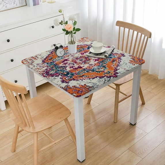 HAOXIT Ethnic Square Fitted Tablecloth with Elastic Square Outdoor Tablecloth Square Elastic Tablecloth for Square Tables Wipeable Tablecloth for ,Camping, white
