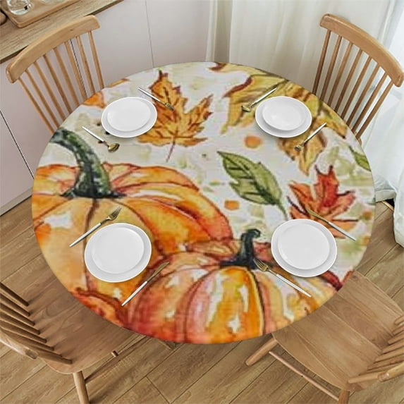 HAOXIT Fall Tablecloth Round Thanksgiving Autumn Pumpkin Round Tablecloth Farmhouse Watercolor Pumpkin Decorative Waterproof Polyester Table Cloth for Party Picnic Dinner Decor 42-46
