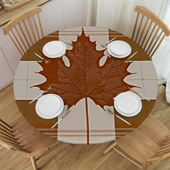 HAOXIT Fall Tablecloth Round Thanksgiving Maple Leaf Orange Buffalo Plaid Table Cloth Outdoor Waterproof Fall Tablecloths for Party Picnic Indoor Table Cover for Dining/Kitchen 42-46