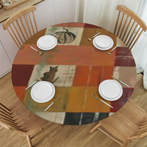 HAOXIT Fall Tablecloth Round - Wooden Pumpkin Table Cloth Thanksgiving Autumn Harvest Tablecloth Table Cover Decorative for Indoor and Outdoor 42-46