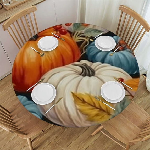 HAOXIT Fall Thanksgiving Table Cloth White Blue Orange Pumpkins Round Tablecloth Autumn Leaf Farmhouse Table Cover Washable Dinning Decoration For Holiday Kitchen Party Picnic Outdoor Indoor 54-58