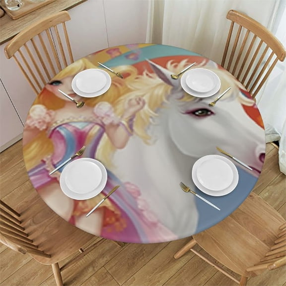 HAOXIT Fantasy Tablecloth, Happy Cartoon on a Unicorn in Clouds with Rainbow Tale Kingdom Girls Image, Round Table Cover for Dining Room Kitchen Decor 38-42
