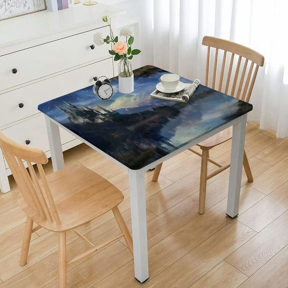 HAOXIT Fantasy Tablecloth, Moon Surreal Scene with Riverside Lake Forest and Medieval Castle on Hill Art, Rectangular Table Cover for Dining Room Kitchen Decor 44''x44''