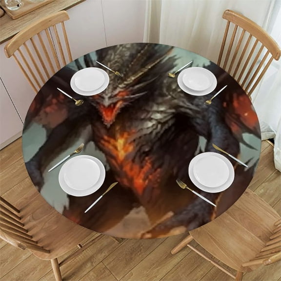 HAOXIT Fantasy World Tablecloth, Illustration of Fire Dragon Large Monster Gothic Theme, Dining Room Kitchen Round Table Cover