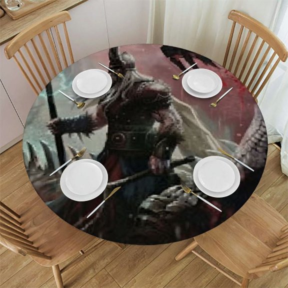 HAOXIT Fantasy World Tablecloth, Thunder in Viking Ship Floating in Waves , Round Table Cover for Dining Room Kitchen Decor