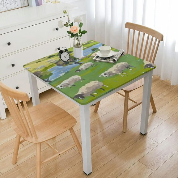 HAOXIT  Farm Animal Square Tablecloth, Cartoon with Sad Sheep in Forest with Trees and Pond, Circle Table Cloth Cover for Dining Room Kitchen Decoration 60''x60''