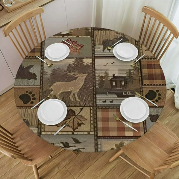 HAOXIT Farmhouse Bear Moose Deer Tablecloth Home Decor, Classic Fashion Country Style Vintage Retro Rustic Lodge Waterproof Oil-Proof Spill-Proof Durable Round Tablecloth 38-42