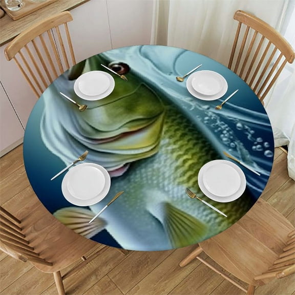 HAOXIT Fishing Tablecloth, Largemouth Sea Bass Catching a Bite in Water Motion Splashing Wild Image,Round Table Cover for Dining Room Kitchen Decor