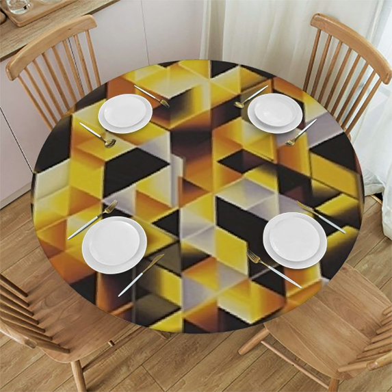 HAOXIT Fitted Round Table Cloth, Cubes and Geometric Digital Print Elastic Edged Polyester Table Cover, Fits Round Table, The Ultimate Protection for Your Table 31-35