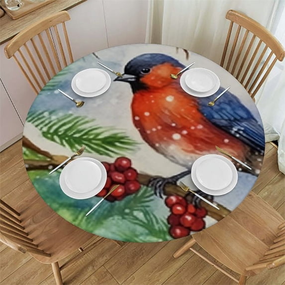 HAOXIT Fitted Round Tablecloth Bullfinch,Watercolor Bird Green Juniper Branch Blue Berry Table Cover,Elastic Edged Table Cloth Fits Round Tables 38-42
