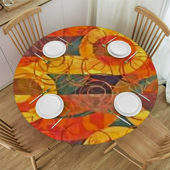 HAOXIT Fitted Round Tablecloth, Burnt Orange Elasticized Polyester Table Cover,Circle Patterns Fashion Trend Colors Retro Dotted Print Fitted Table Cloth, Fits Round Tables, for Dining 38-42