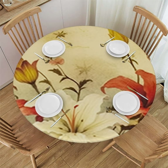 HAOXIT Fitted Round Tablecloth, Burnt Orange Elasticized Polyester Table Cover,Double Exposure Retro Flowers and Clouds Print Fitted Table Cloth, Fits Round Tables, for Party Outdoor Patio 46-50