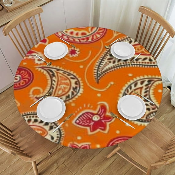 HAOXIT Fitted Round Tablecloth, Burnt Orange Elasticized Polyester Table Cover,Islamic Paisley Motifs with Eastern Print Fitted Table Cloth, Fits Round Tables, for Dining 46-50
