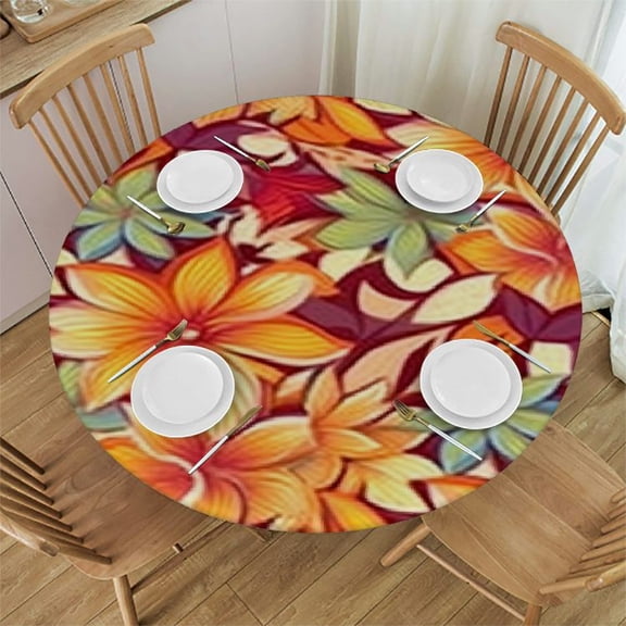 HAOXIT Fitted Round Tablecloth, Burnt Orange Elasticized Polyester Table Cover,Ornate Floral Pattern Royal Art Print Fitted Table Cloth, Fits Round Tables, for Indoor &amp; Outdoor Use 31-35
