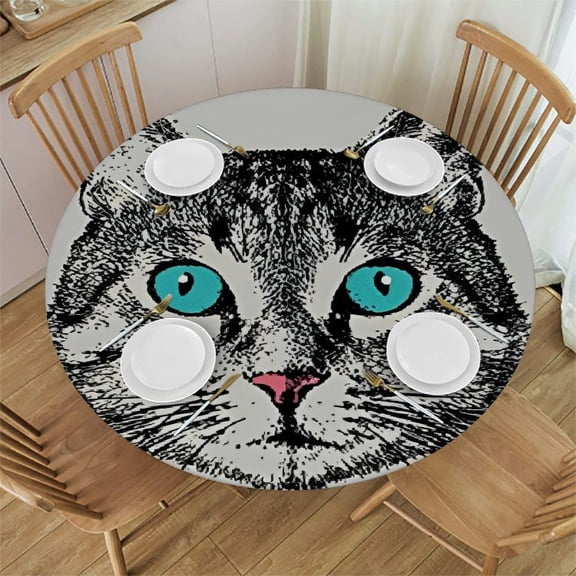 HAOXIT Fitted Round Tablecloth Cat,cat head sketch cute kitten face Table cover,Elastic Edged Table Cloth Fits Round Tables 46"-50