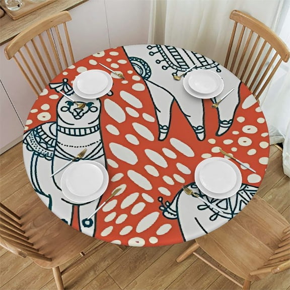 HAOXIT Fitted Round Tablecloth Cute Alpaca,boho red white llama Table cover,Elastic Edged Table Cloth Fits Round Tables 46"-50