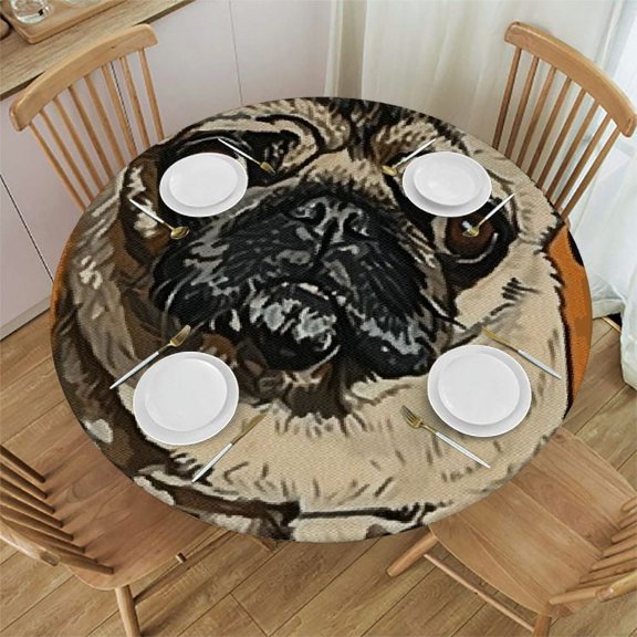 HAOXIT Fitted Round Tablecloth ,Cute Bulldog Brown Doggy Orange Table Cover,Elastic Edged Table Cloth Fits Round Tables 42-46