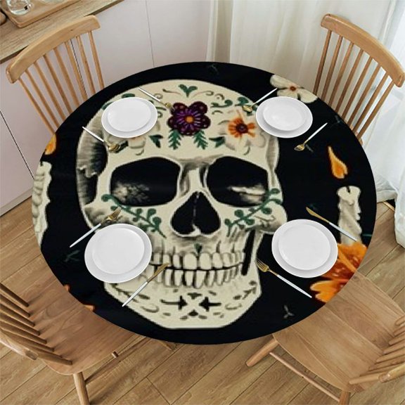 HAOXIT Fitted Round Tablecloth De Los Muertos,Colorful Skulls Flowers Day of Dead Halloween Table Cover,Elastic Edged Table Cloth Fits Round Tables 31-35