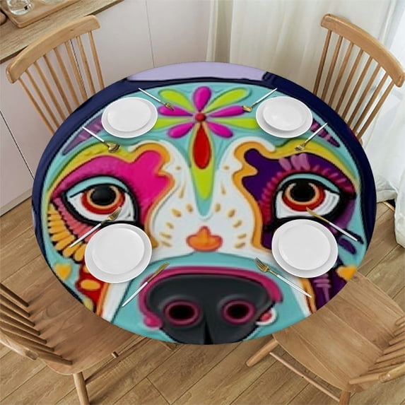 HAOXIT Fitted Round Tablecloth ,Dog Mexican Art Halloween Table Cover,Elastic Edged Table Cloth Fits Round Tables 42-46