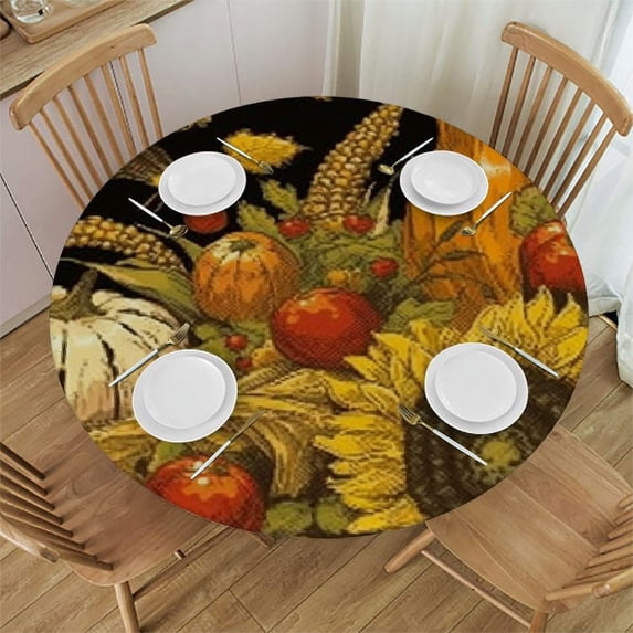 HAOXIT Fitted Round Tablecloth Fall,Pumpkin Maple Leaves Sunflower Corn Autumn Leaf Table Cover,Elastic Edged Table Cloth Fits Round Tables 31-35