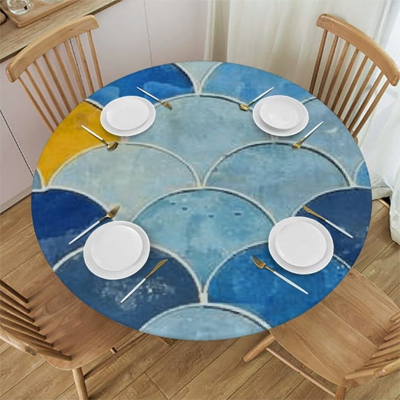 HAOXIT Fitted Round Tablecloth Fish Scales,Sky Blue Scales Geometric Art Deco Table Cover,Elastic Edged Table Cloth Fits Round Tables 54-58