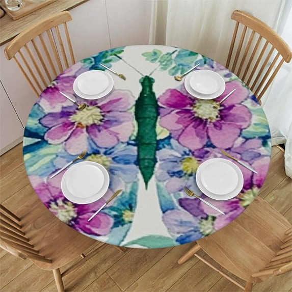 HAOXIT Fitted Round Tablecloth Floral Butterfly,Watercolor Pink Purple Butterfly Flowers Leaves Table Cover,Elastic Edged Table Cloth Fits Round Tables 46-50