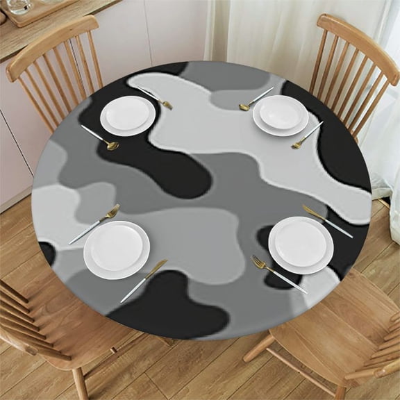 HAOXIT Fitted Round Tablecloth Gray uflage,Black and Gray Print Table Cover,Elastic Edged Table Cloth Fits Round Tables 54-58