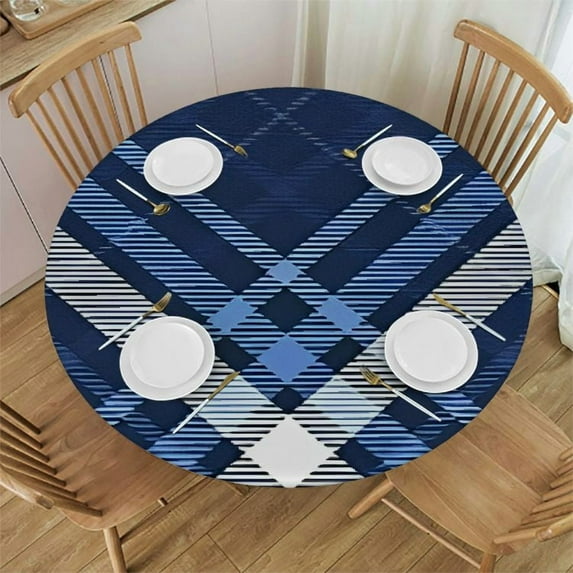 HAOXIT Fitted Round Tablecloth Nautical Plaid,dark navy blue and white gingham checked Table cover,Elastic Edged Table Cloth Fits Round Tables 46-50
