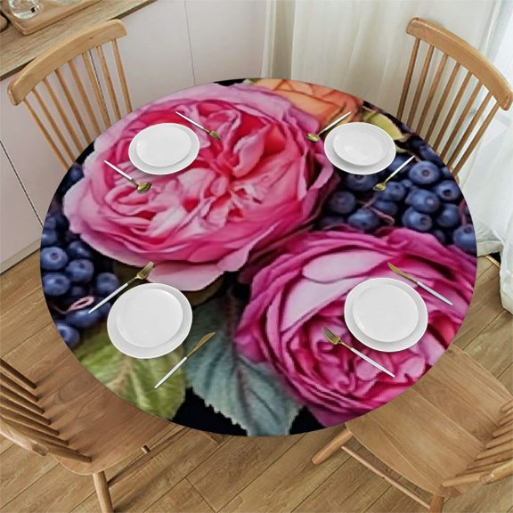 HAOXIT Fitted Round Tablecloth Watercolor Roses,pink purple flowers black rowan berries Table cover,Elastic Edged Table Cloth Fits Round Tables 31-35