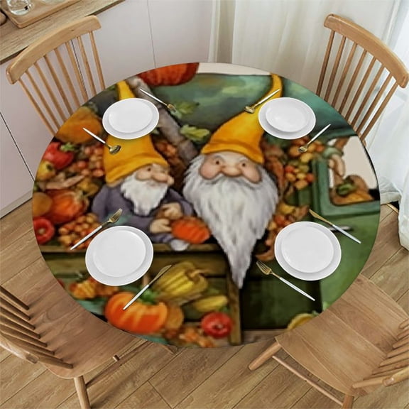 HAOXIT Fitted Round Tablecloth Watercolor Thanksgiving ,Fall Pumkins Table cover,Elastic Edged Table Cloth Fits Round Tables 31-35