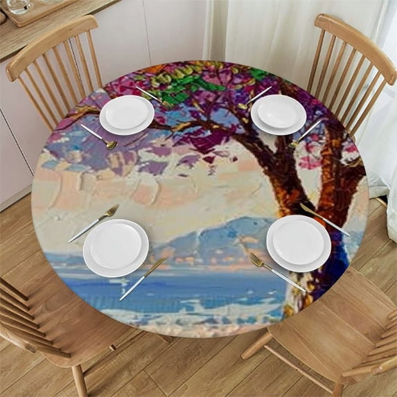 HAOXIT Fitted Round Tablecloth Watercolor Trees,Fall Autumn Art Tree Painting Multicolored Table Cover,Elastic Edged Table Cloth Fits Round Tables 38-42