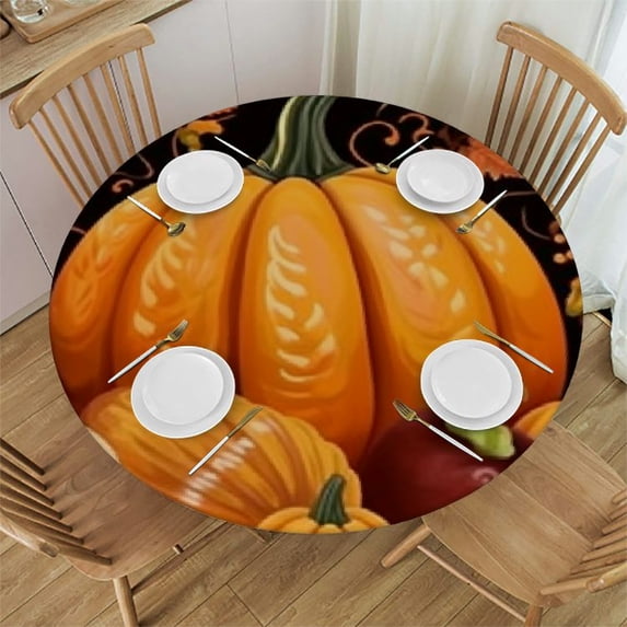 HAOXIT Fitted Round Tablecloth ,yellow pumpkin autumn leaves branches berries dark brown Table cover,Elastic Edged Table Cloth Fits Round Tables 46-50
