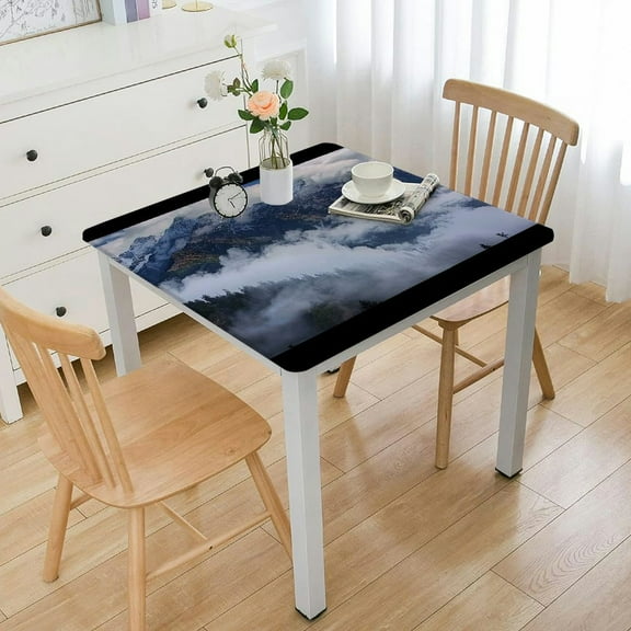 HAOXIT Fitted Square Table Cover, Foggy Forests Vinyl Rectangle Tablecloth, Elastic Edge Waterproof Wipeable Washable Stretch Square Table Cover 54''x54''