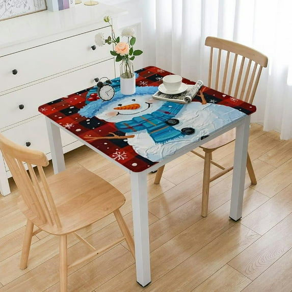 HAOXIT Fitted Square Table Cover, Merry Christmas Red Check Vinyl Rectangle Tablecloth, Elastic Edge Waterproof Wipeable Washable Stretch Square Table Cover 60''x60''