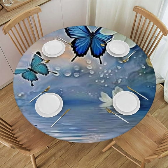 HAOXIT Fitted Table Cover, Blue and White with Monarch Butterflies Art Prints, Indoor/Outdoor Waterproof Tablecloth, Patio and Kitchen Dining, Fits Round Table, Blue White 54-58