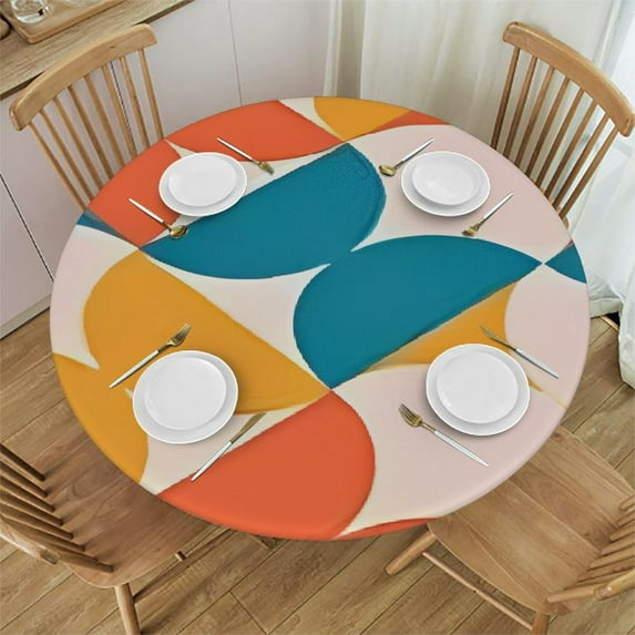 HAOXIT  Fitted Table Cover Round, Colorful Art Geometry Elastic Edge Home Decorative Tablecloth, Oil &amp; Dust Proof Waterproof Polyester Cloth for Family Living Room Kitchen Patio 46-50