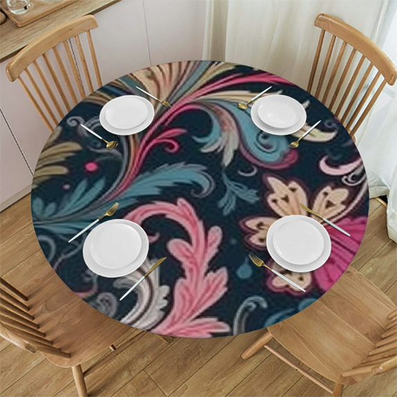 HAOXIT Fitted Tablecloth Round, Flower Elastic Edge Polyester Home Decor Tablecloths, Fit for Round Table, Stain & Wrinkle Resistant Table Cover for Indoor Outdoor Party Use 31-35