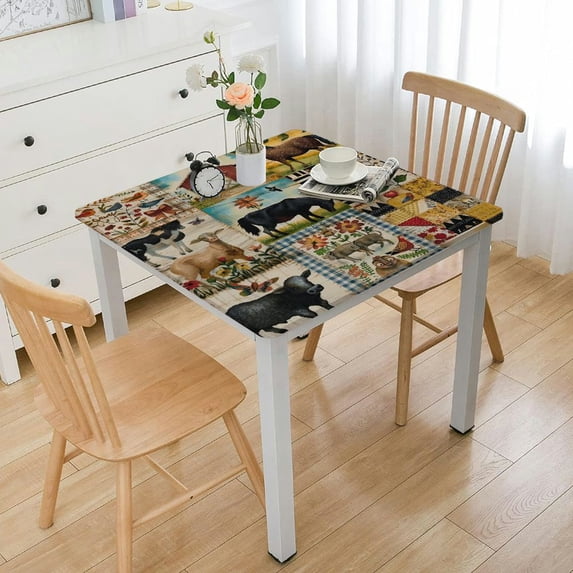 HAOXIT Fitted Tablecloth for Square Table,Farm Animal Cow Pig Vintage Black Buffalo Plaid Table Cover with Elastic Edge Waterproof Table Cloth,Summer Sunflower Chicken Barn Circle Table Covers 40*40