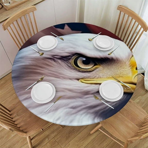 HAOXIT Flag Firework Eagle Round Tablecloth with Elastic Edge , Washable Decor Table Covers for Kitchen Dining Patio Parties (Fit for Round Table) 54-58