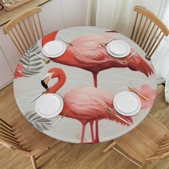 HAOXIT Flamingo Bird Tablecloth Decor Pink Leaves Summer Exotic Tropical Table Cloth Dining Room Cover Round 42-46