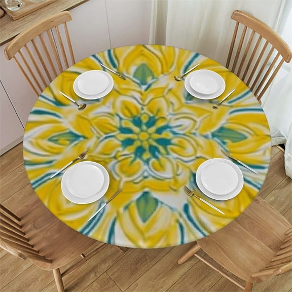 HAOXIT Floral Round Fitted Tablecloth Ethnic Small Round Table Cover with Elastic Edge Waterproof Wipeable Circle Outdoor Table Cloths for Party Patio Kitchen Decor Fit Round Table 38-42