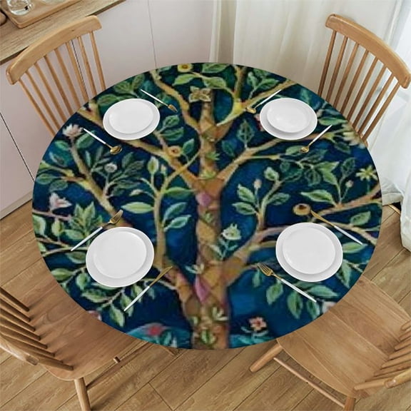 HAOXIT Floral Tablecloth William Morris Original Design Tree Table Cloth for Round Tables Wipeable Polyester Fabric Table Cover Kitchen Dinning Decorations Washable