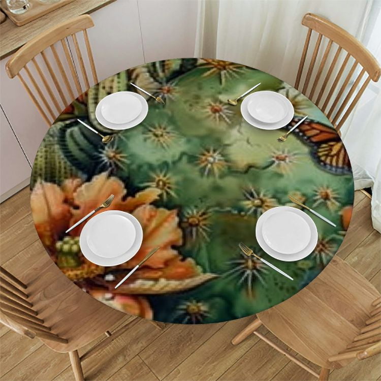 HAOXIT Flower Cactus Round Fitted Tablecloth with Elastic Edge Fitted