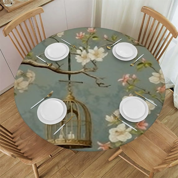 HAOXIT Flower Elastic Edged Tablecloth for Round Table, Watercolor Floral Non Slip Round Table Cover Outdoor Waterproof Tablecloth Polyester Fabric Table Cloth, Easy Clean 54-58