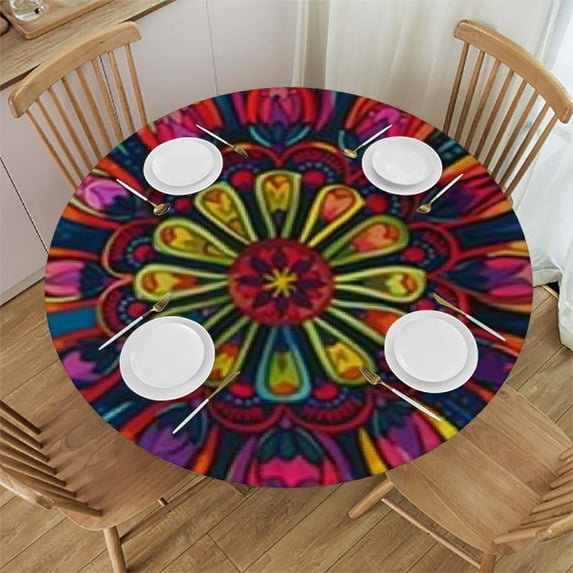 HAOXIT Flower Round Fitted Tablecloth Colorful Circle Table Cover with Elastic Edge Waterproof Wipeable Polyester Small Table Cloths for Outdoor Picnic Party Patio Dining Fit for Round Table 31-35