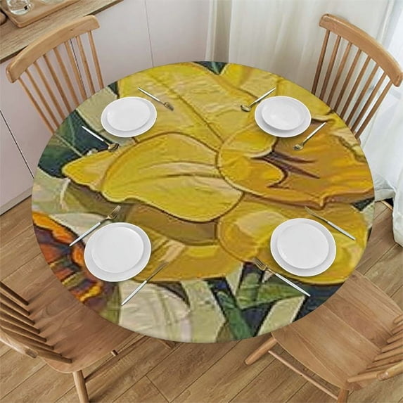 HAOXIT Flower Round Fitted Tablecloth Cover,Floral Narcissus Branch Print Elastic Edged Polyester Fitted Table Pad, Large, Fit Round Tables, for Wedding Party Dining Banquet 54-58