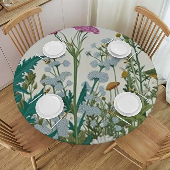 HAOXIT Flower Round Fitted Tablecloth Cover, and Leaves in Roses Hydrangeas Print Elastic Edged Fitted Table Pad, Large, Fit Round Tables 31-35