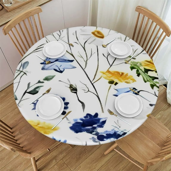 HAOXIT Flower Round Table Cloth, Wild Flowers and Daisies Rural Nature Scenery in Rustic, Elastic Edge, Suitable for Restaurant Kitchen Parties, Fit for Round Table, 31-35