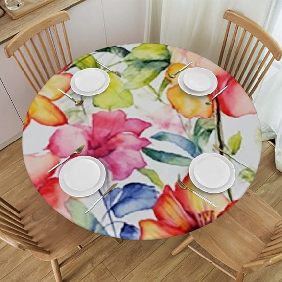 HAOXIT Flower Tablecloth Colorful Growth Blossom Leaf Plant Round Table Cloth Protector Proof Table Cover