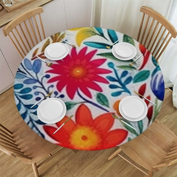 HAOXIT Flowers and Plants Tablecloth Bright Colors Autumn-Summer Botanical Elements Round Table Cloth Protector Proof Table Cover 42-46